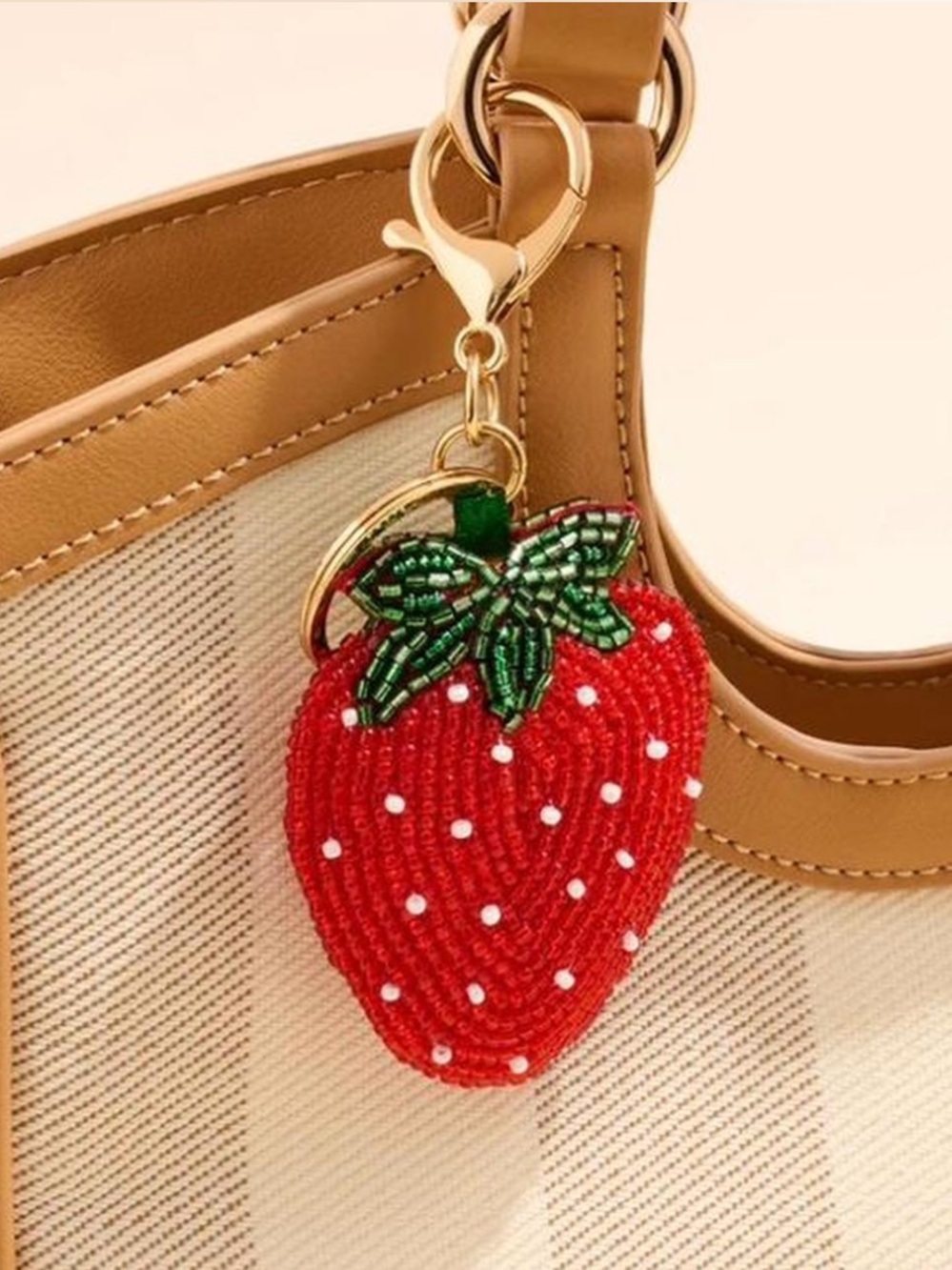 Shiraleah Red Strawberry Beaded Bag Charm with Green Leaves